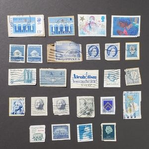 Lot of 25 Postage Stamps, Blue, Crafts!
